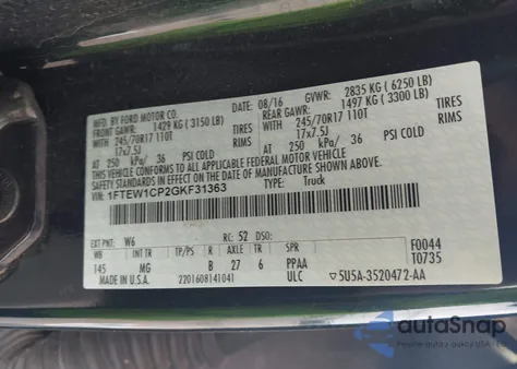 2016 Ford F-150 Xlt из США, поврежденный, VIN 1FTEW1CP2GKF31363